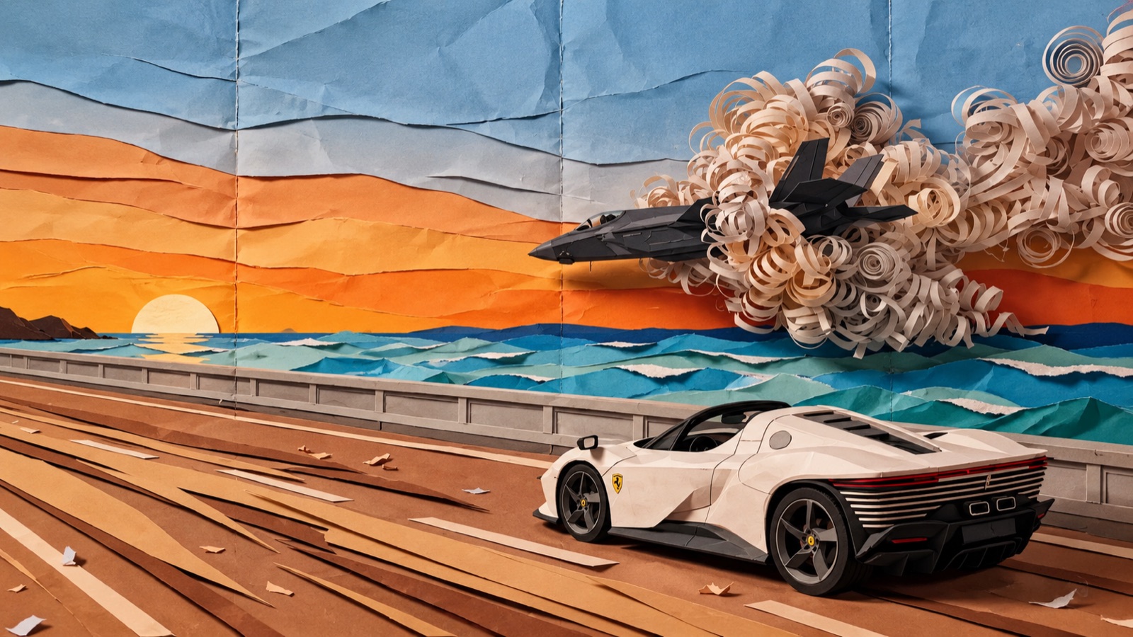 Coast Run, a paper-craft collage wallpaper for MacBook Pro